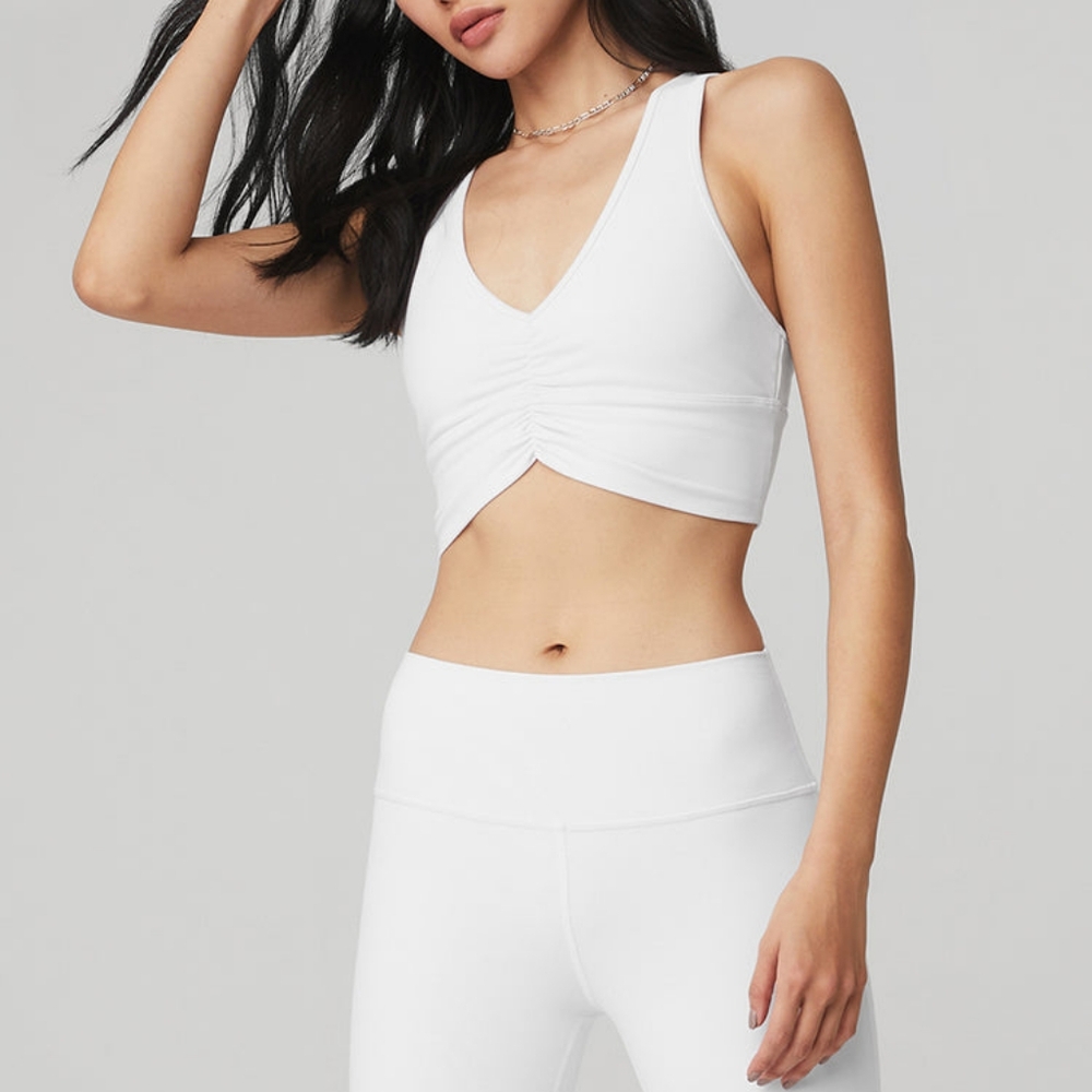 Alo Yoga Wild Things White V-Neck Ruched Women's Sports Bra Size S